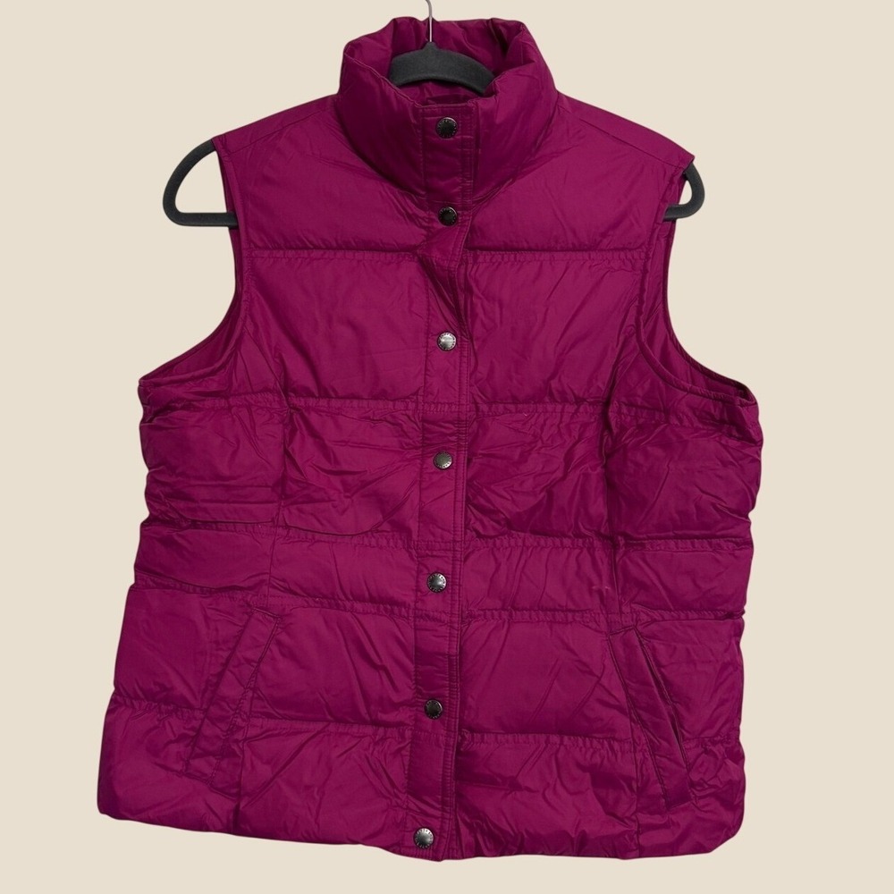Lands' End Medium Quilted Down Feather Vest in Raspberry Pink Snap Button Pocket